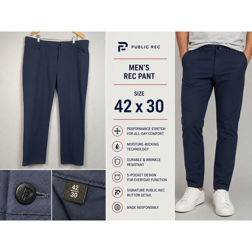 Public Rec Stretch Pant Mens 42x30 Navy Blue 5-Pocket Performance Trousers